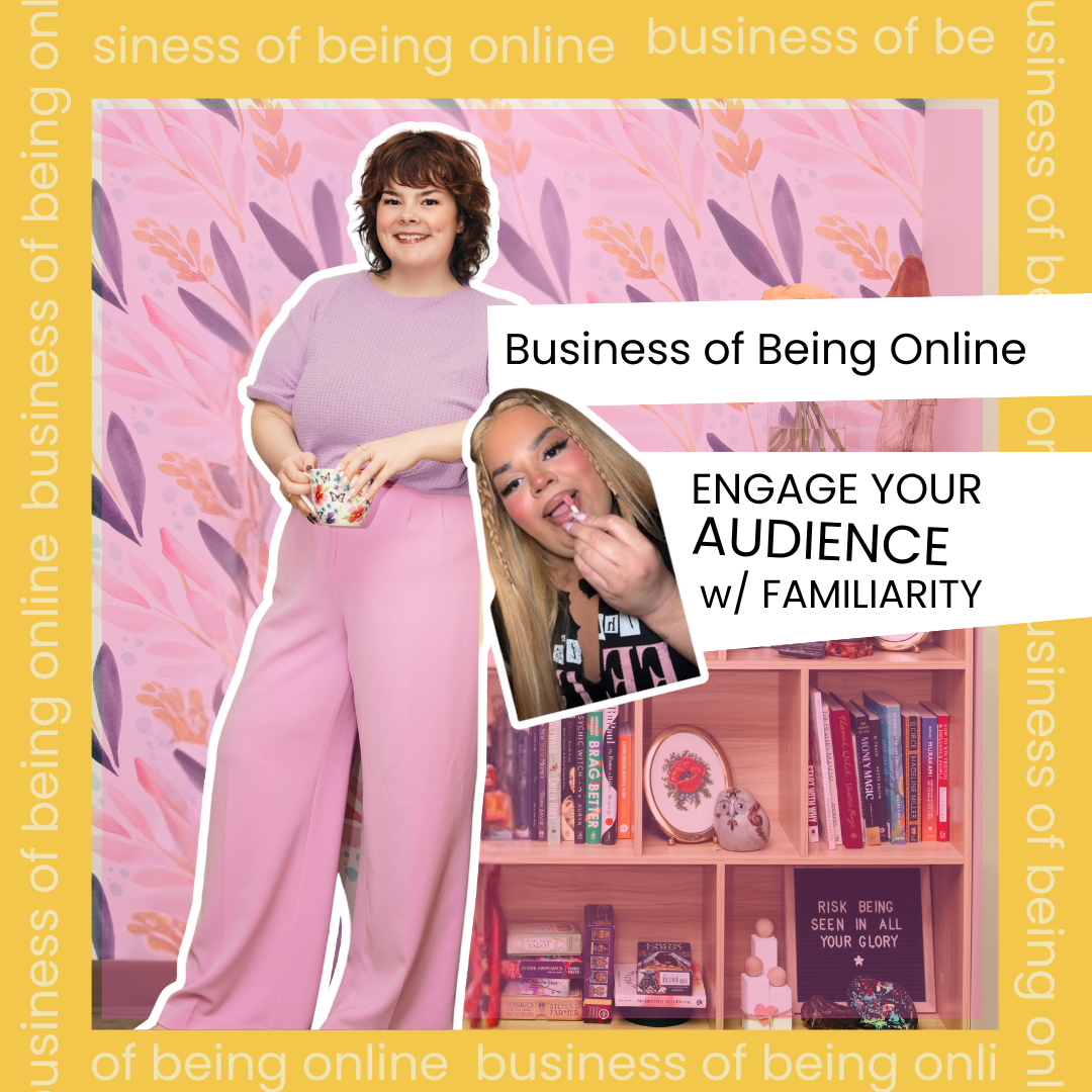 Woman wearing purple shirt and pink pants standing beside a book case, featuring Jules Lebron sticker and text that reads "Business of Being Online" and "Engage Your Audience with Familiarity"