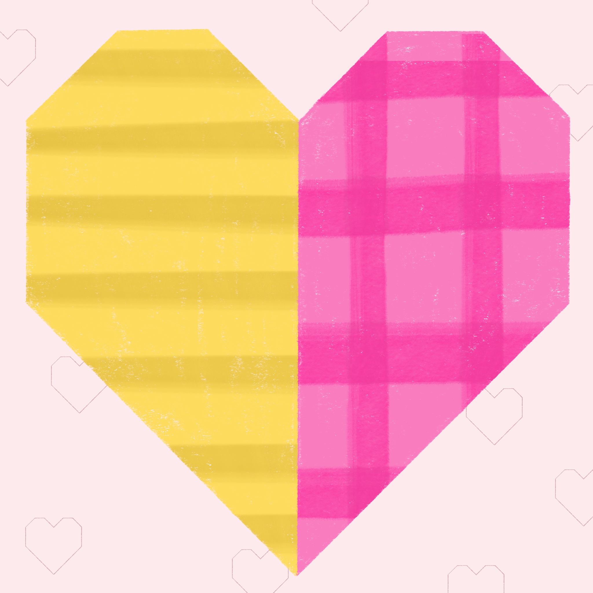A graphic heart divided in two halves: the left side is yellow with soft horizontal stripes, the right side is pink with a checkered pattern. The background is pale pink with faint outlined hearts scattered throughout