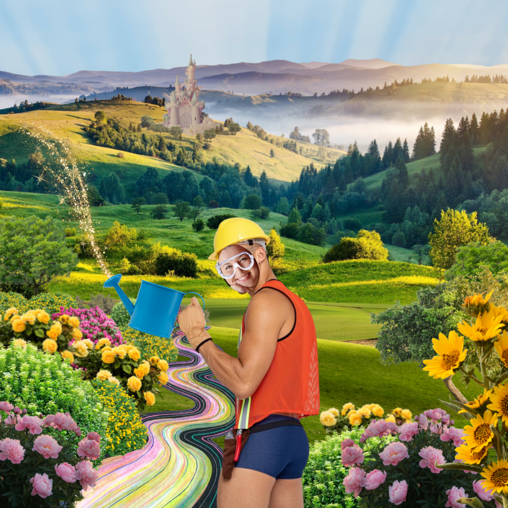 Sarah from the TOD team as a surreal, collaged construction worker drag king in a beautiful flower garden with a rainbow path and barbie castle in the distance