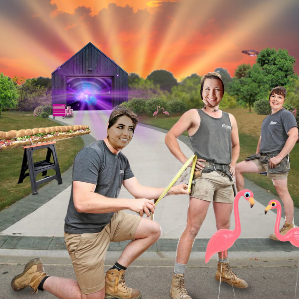the TOD team up as surreal, collaged construction worker drag kings in a driveway stylized collage with a garage portal and a really long sandwich 