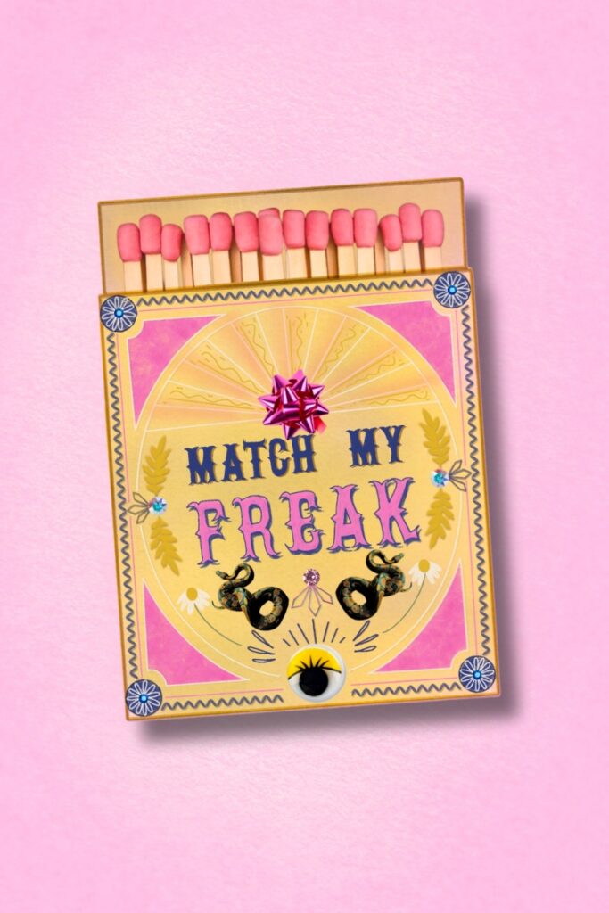 Stylized vintage matchbook illustration on a pink textured background. The matchbook reads “Match My Freak” in bold, eclectic lettering, decorated with snakes, daisies, an eye sticker, and a shiny magenta gift bow. The match tips are pink and the design is vibrant, ornate, and playful.