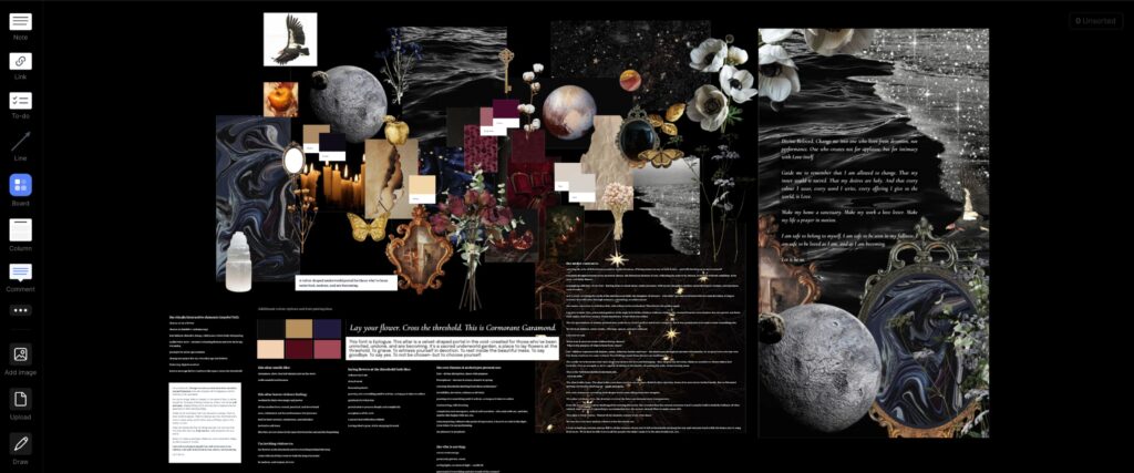 Screenshot of a Milanote board for the Eris Altar design concept, featuring a rich collage of cosmic, underworld-inspired visuals. The board includes images of swirling black water, candlelight, dried and blooming flowers, velvet textures, planetary bodies (including Eris and Pluto), antique mirrors, and handwritten prayers. Color swatches in black, crimson, ochre, and ivory are placed throughout. Text snippets describe the altar as a threshold for self-return and rebellion, with headings like “Lay your flower. Cross the threshold.” and “A velvet-draped underworld portal."
