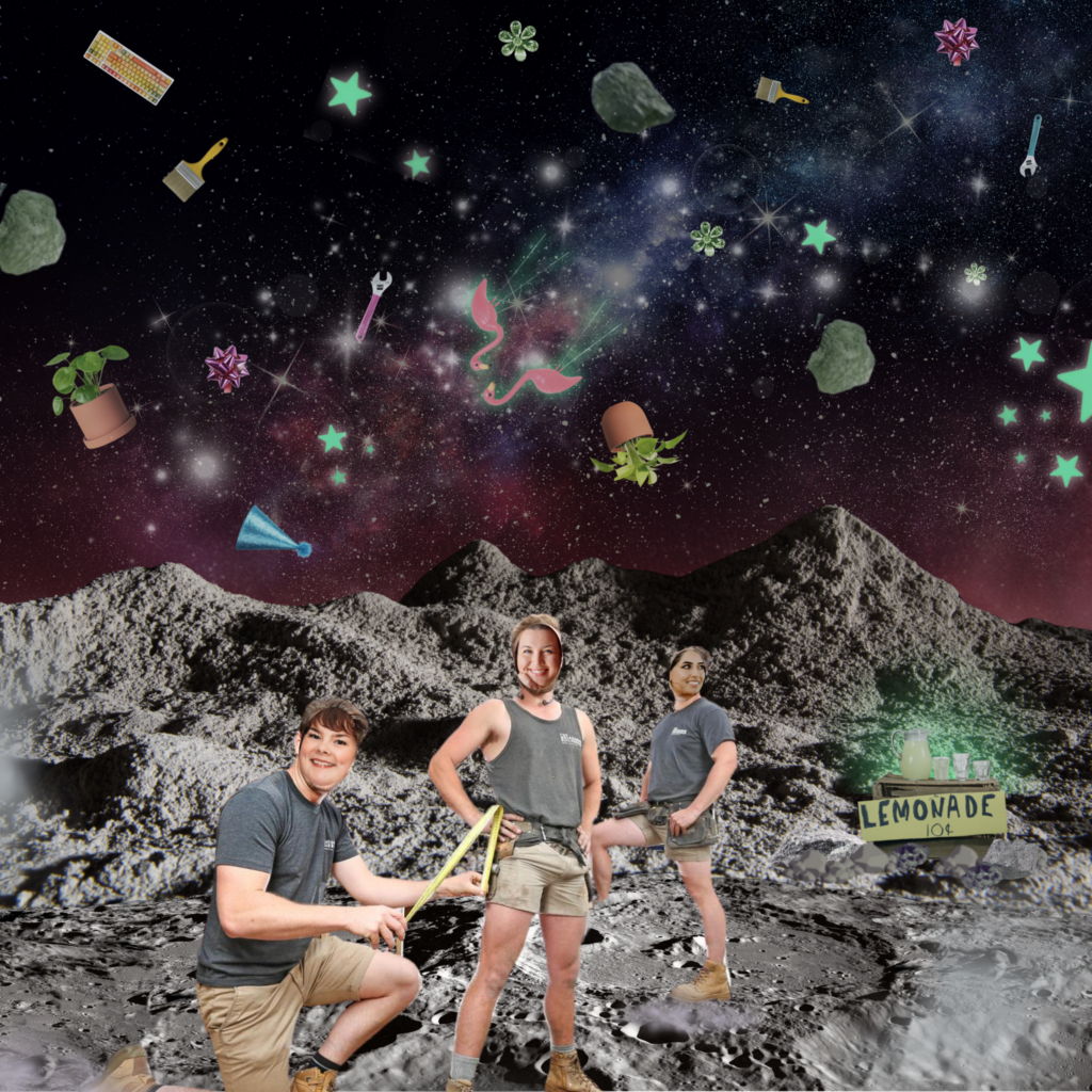 the TOD team up as surreal, collaged construction worker drag kings in a moon themed space collage with a glowing lemonade stand