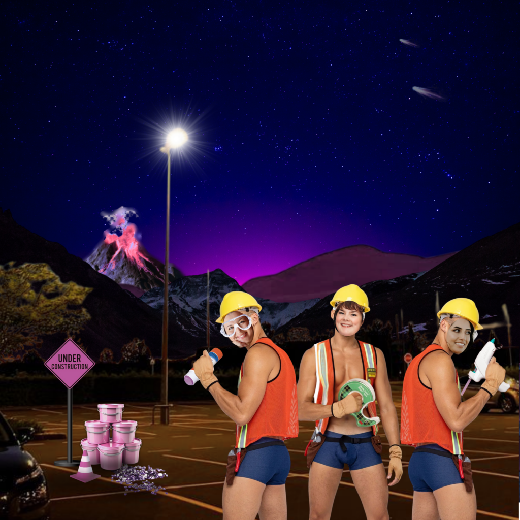 the TOD team up as surreal, collaged construction worker drag kings in a volcano parking lot stylized collage